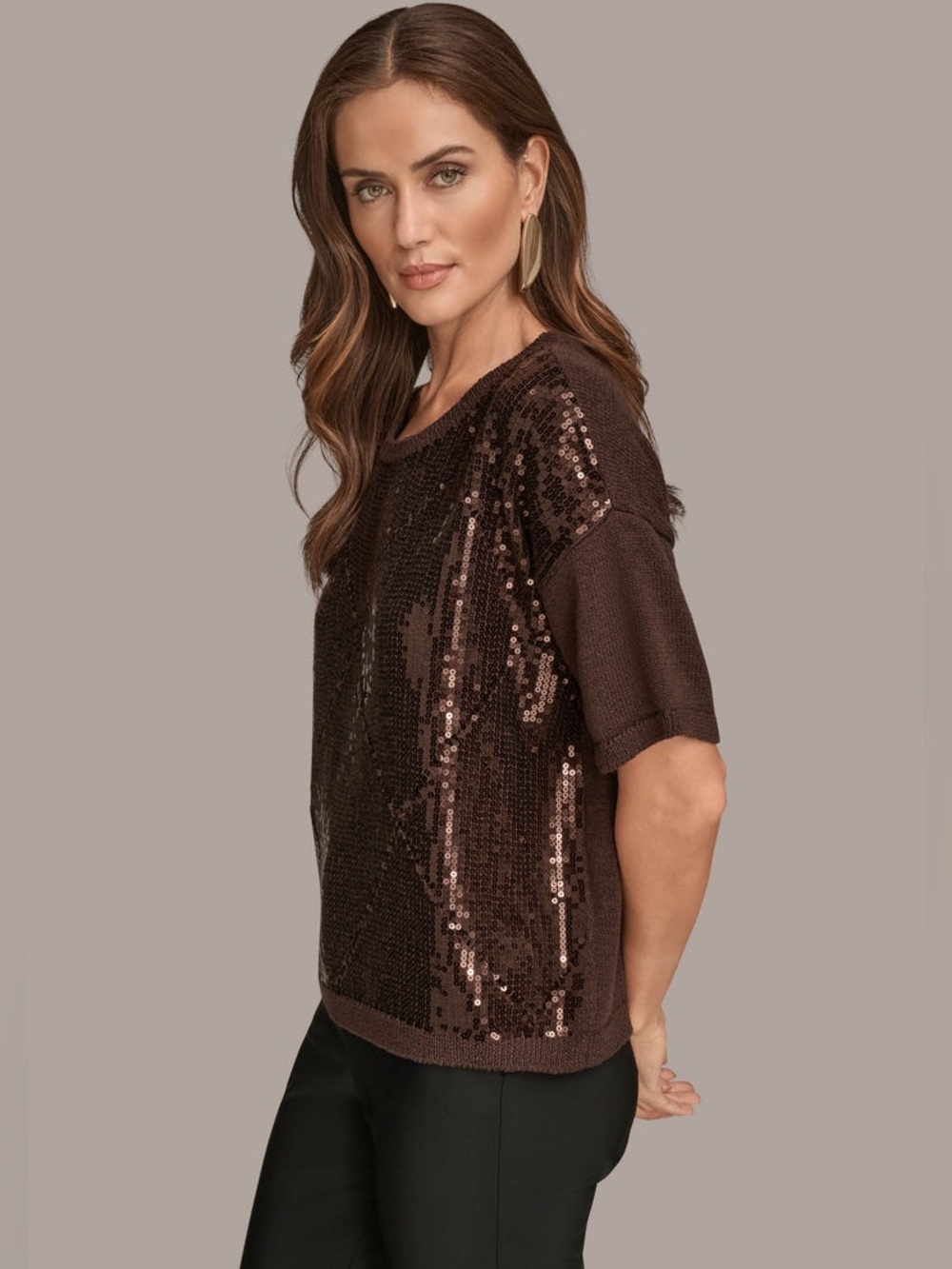 Donna Karan Sequin-Paneled Diamond Stitch Sweater in Chocolate Brown NWT - Picture 3 of 11